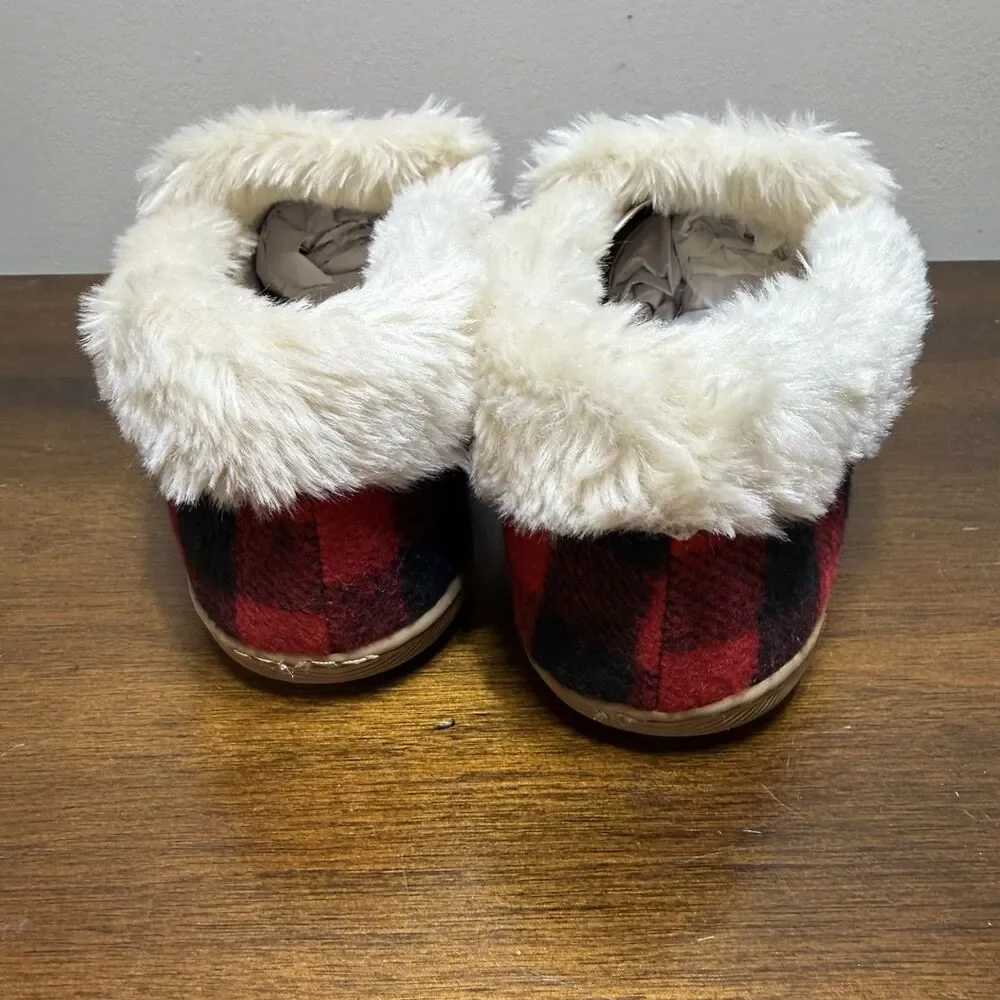 J Crew Red & Black  Buffalo Plaid Faux-Shearling Moccasin Slippers Size 9 NWOT